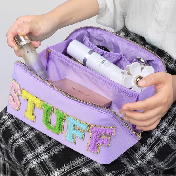 Women Chenille Letter Open Flat Nylon Stuff Makeup Travel Cosmetic Bag Purple - Picture 8 of 9